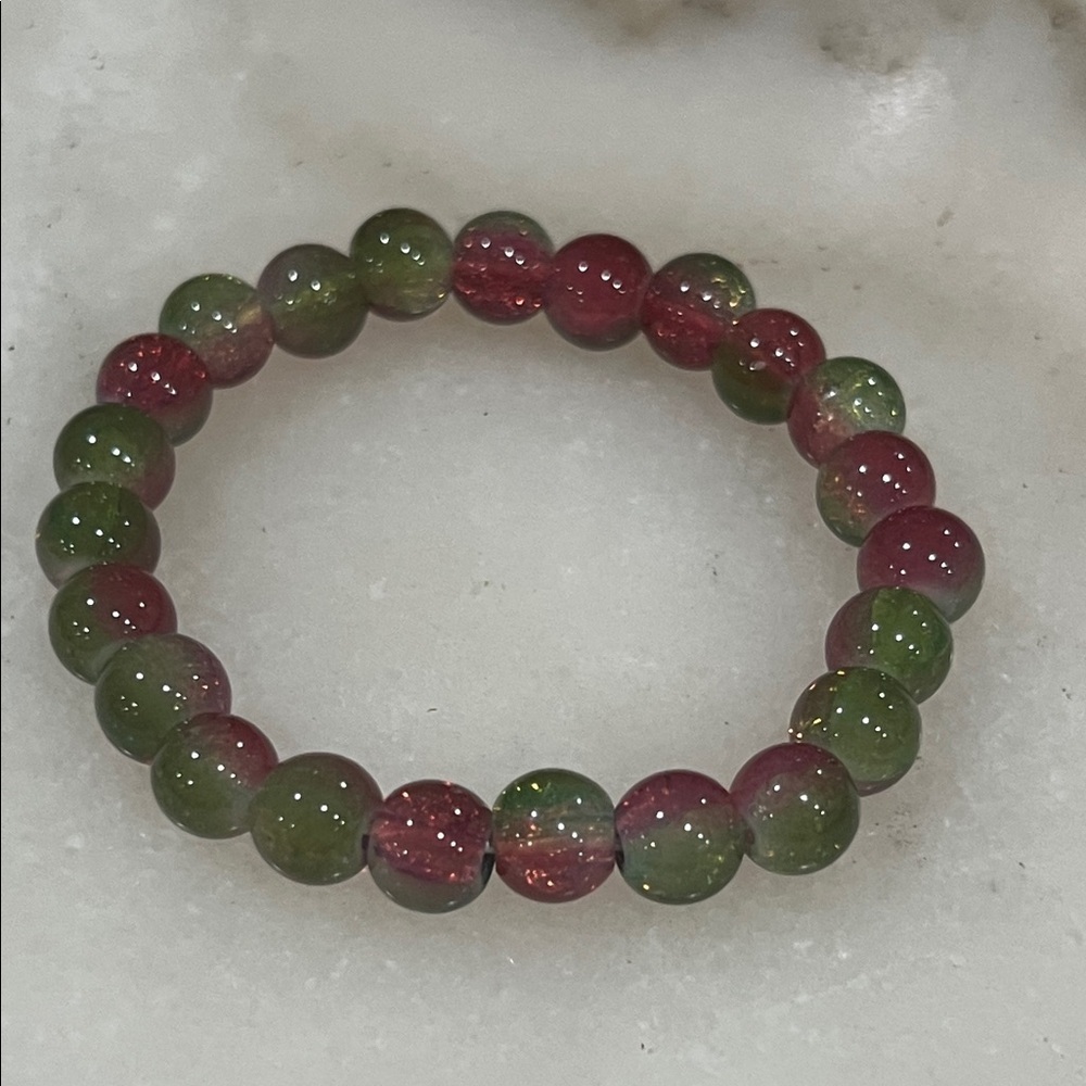 Elegant Green and Red Dyed Quartz Beaded Stretch Bracelet